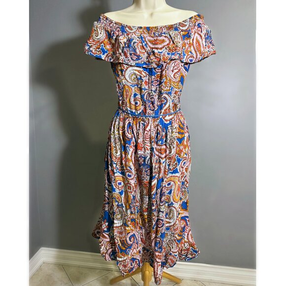 Unique Ruffle Top Paisely Off-Shoulder Boho Dress w/ tassel waist - Picture 1 of 5